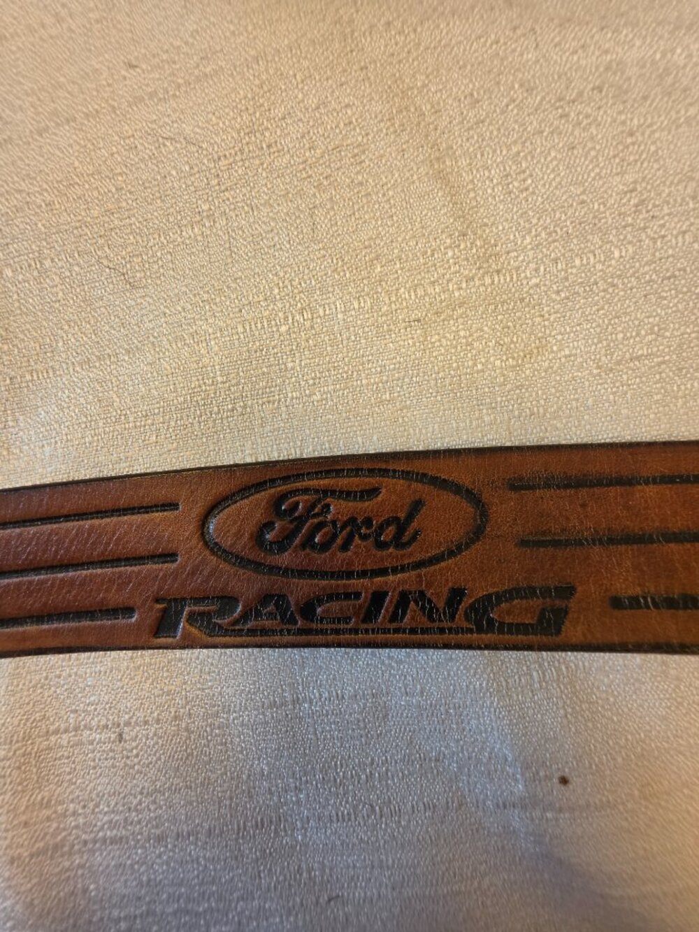 Vinrage Hand-tooled Genuine Leather Ford Racing Belt with Silver Tone Buckle - Picture 2 of 6